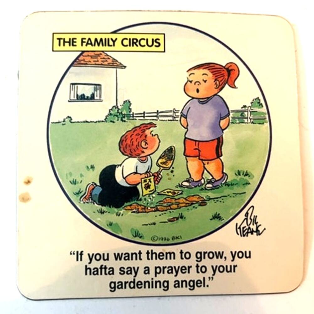 VTG 1996 Family Circus Fridge Magnet Bil Keane Cartoon Gardening Angel 3.5x3.5